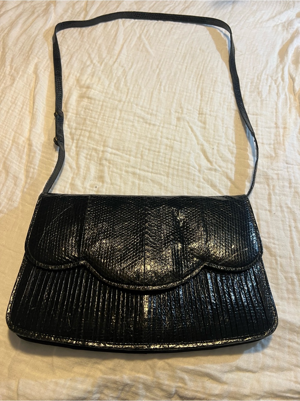 Black Textured Scalloped Flap Crossbody Bag